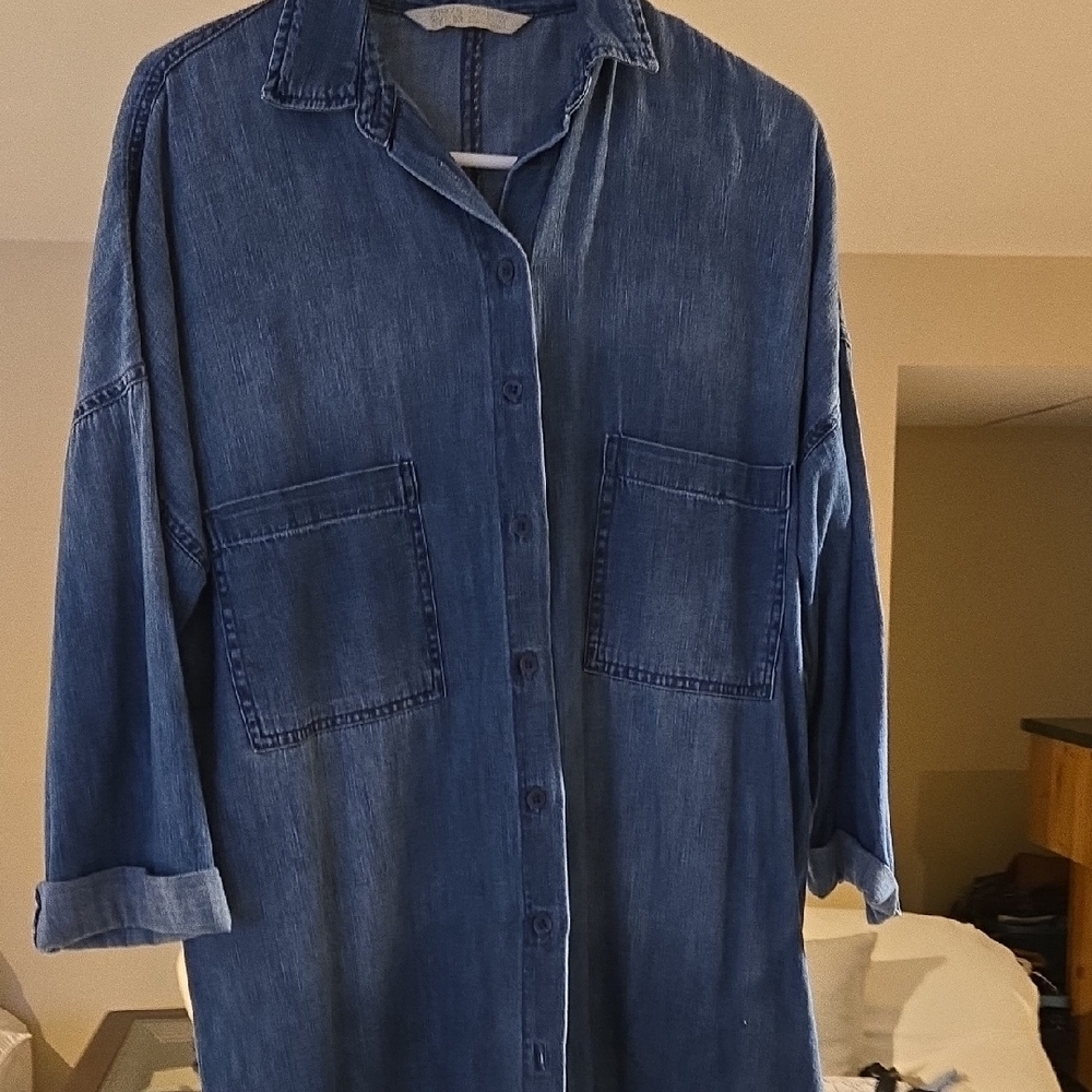 Zara Blue Denim Button Down Shirt With Drop Sleeves